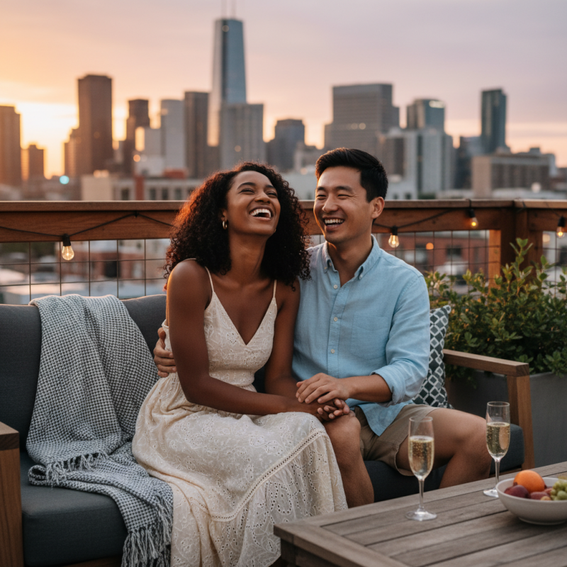Happy couple laughing together on a rooftop terrace at sunset in an American city - 420-friendly dating