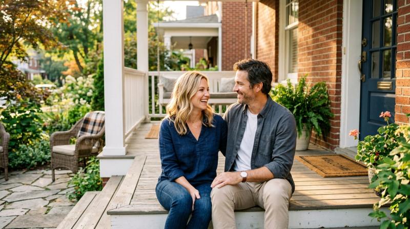 American couple in their late thirties smiling on the front porch of a traditional home at golden hour