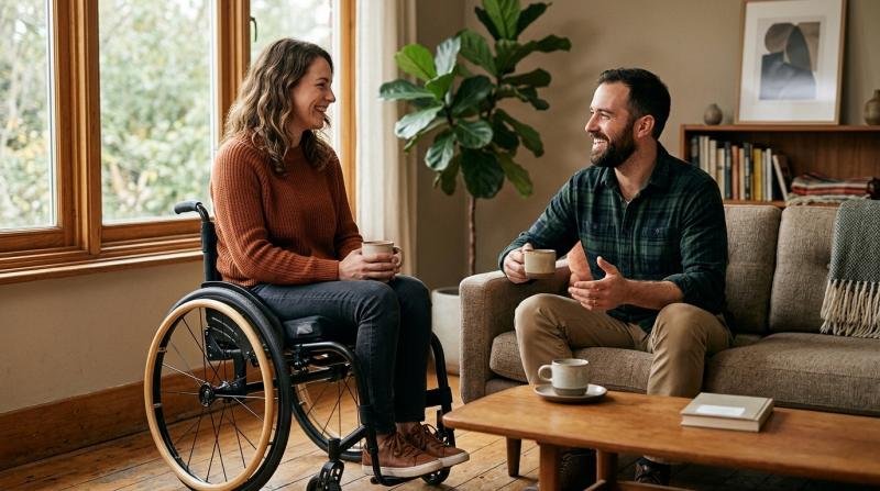Two adults having a relaxed conversation indoors, one in a manual wheelchair, both smiling