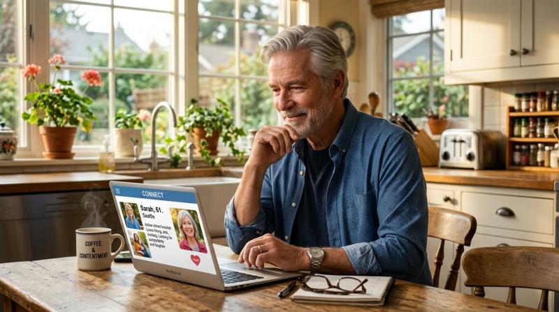 Mature American man in his 60s browsing dating sites on a laptop at a sunlit kitchen table