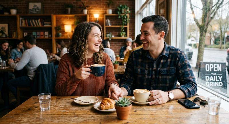 Happy couple enjoying a sober coffee date at a cozy American cafe