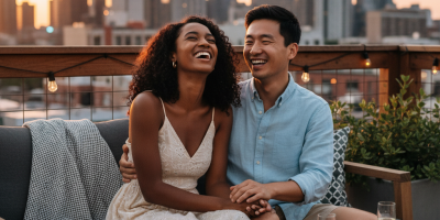 Happy couple laughing together on a rooftop terrace at sunset in an American city - 420-friendly dating