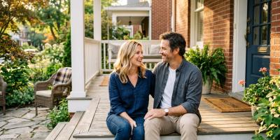 American couple in their late thirties smiling on the front porch of a traditional home at golden hour