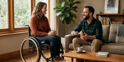 Two adults having a relaxed conversation indoors, one in a manual wheelchair, both smiling