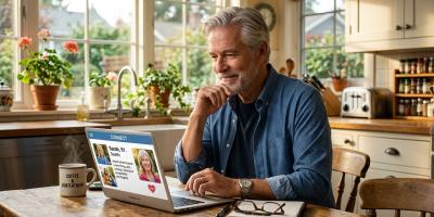 Mature American man in his 60s browsing dating sites on a laptop at a sunlit kitchen table