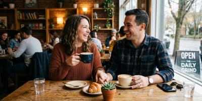 Happy couple enjoying a sober coffee date at a cozy American cafe